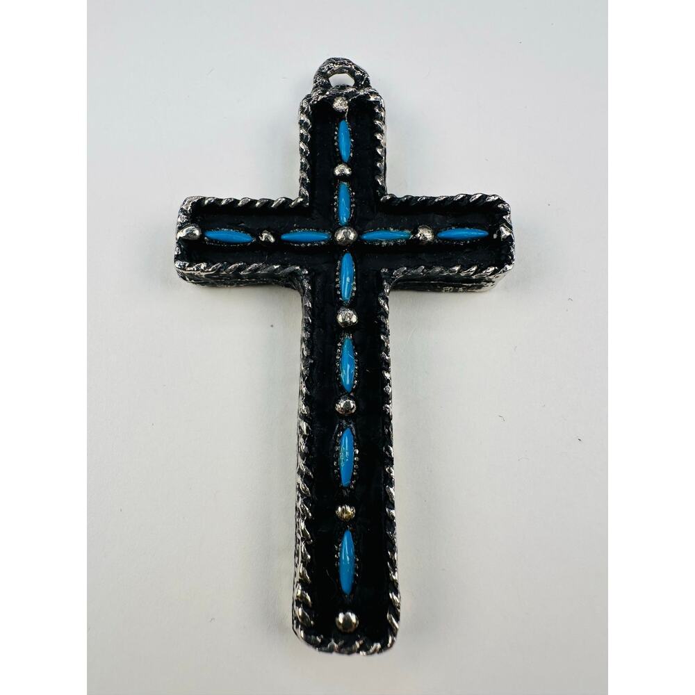 Oversized Cross Pendant in Silvertone and Faux Turquoise Reversible